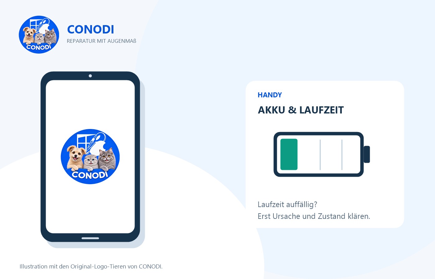 CONODI-Illustration eines Smartphones mit Tierlogo und einer Batterie zur Prüfung von Akku und Laufzeit.