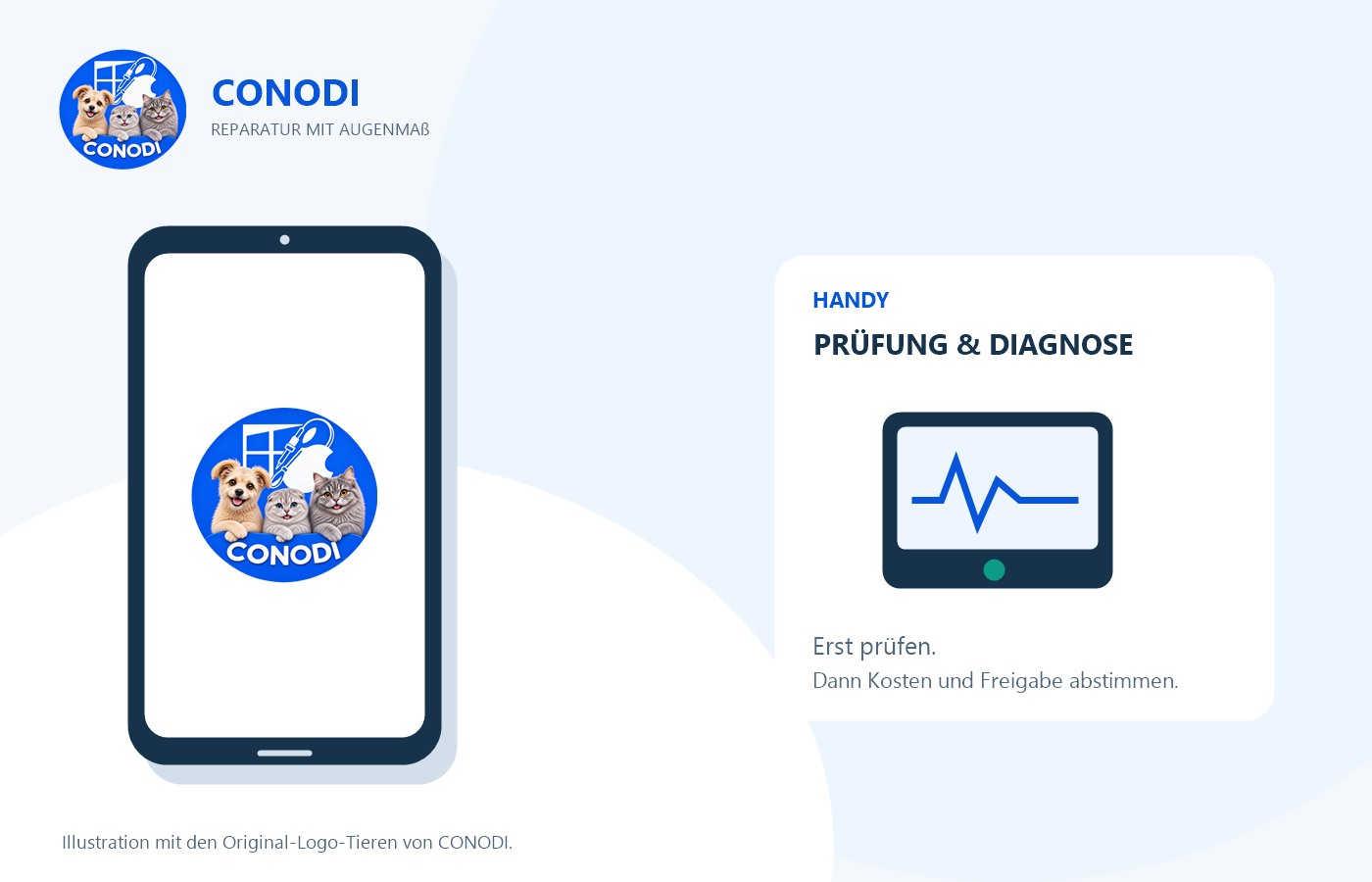 CONODI-Illustration eines Smartphones mit Original-Tierlogo neben einem symbolischen Diagnosegerät.