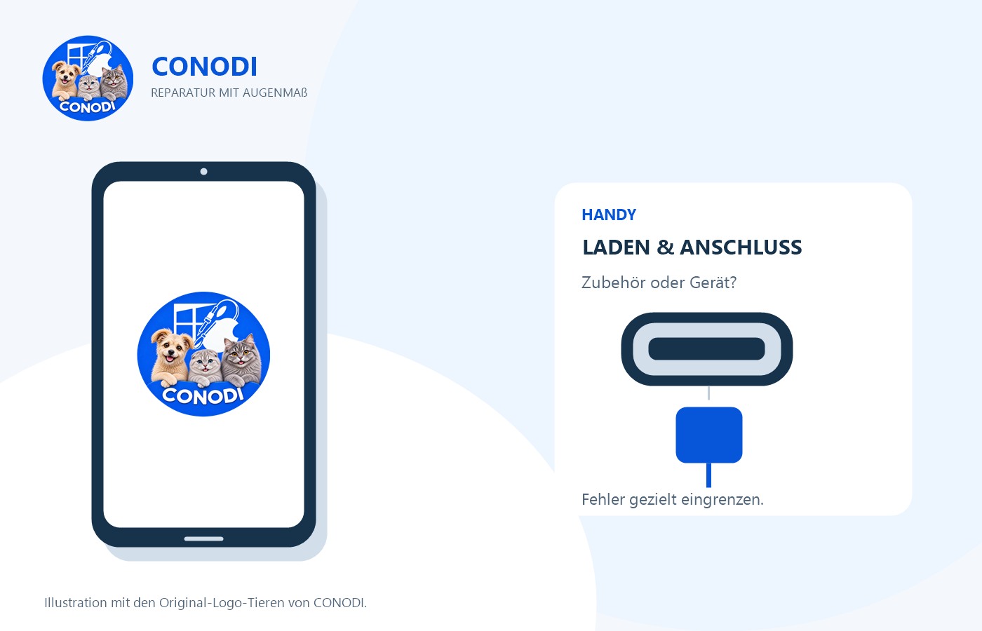 Illustration eines Smartphones mit CONODI-Tierlogo sowie einer vergrößerten Ladebuchse und einem Ladestecker.
