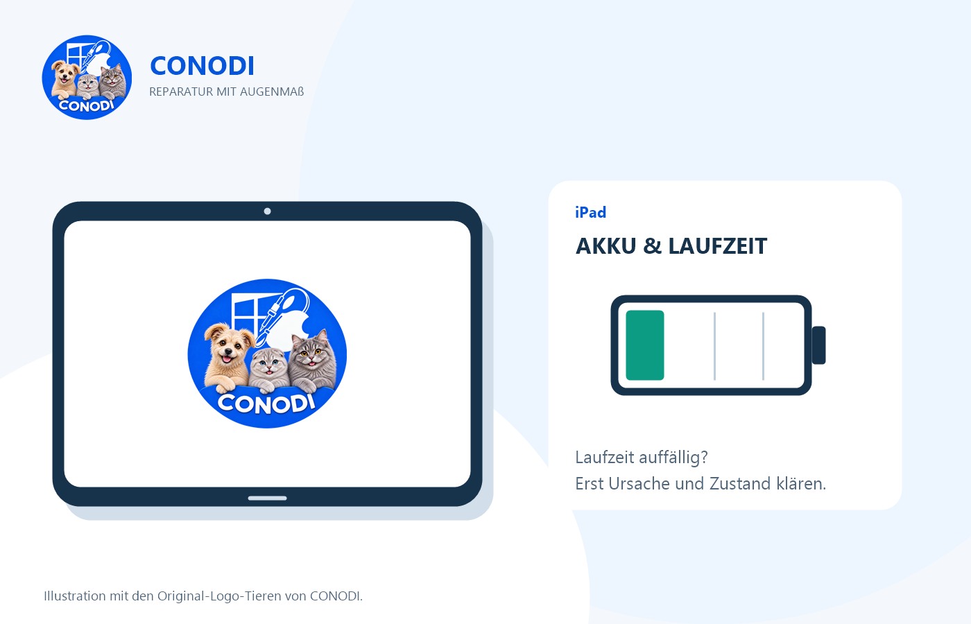 CONODI-Illustration eines iPads mit Original-Tierlogo und einem Batteriesymbol für die Akkudiagnose.