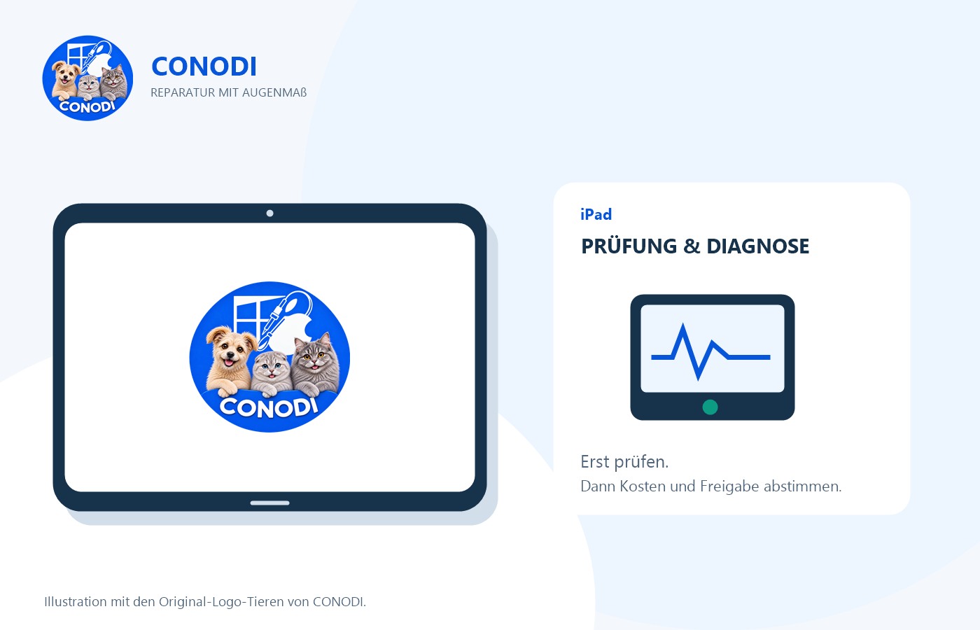 CONODI-Illustration eines iPads mit Original-Logo-Tieren und einem symbolischen Diagnosegerät.
