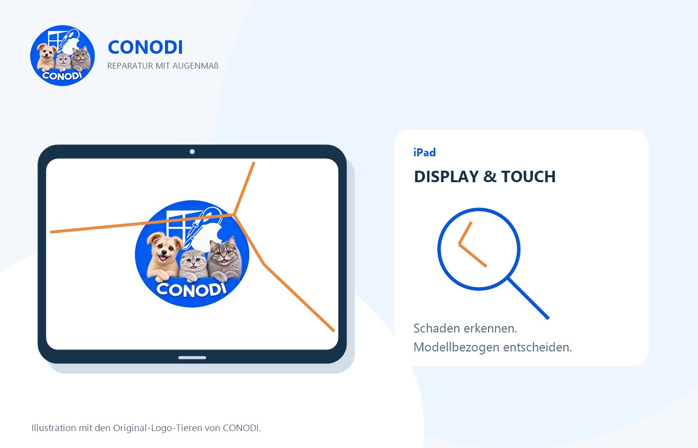 Illustration eines iPads mit Displayriss, Lupe und den Original-Logo-Tieren von CONODI.