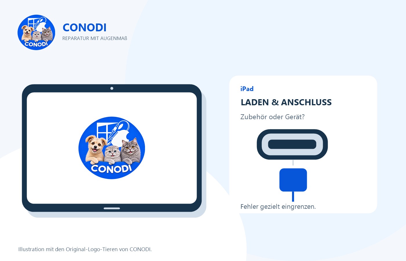 Illustration eines iPads mit CONODI-Tierlogo und einer vergrößerten Ladebuchse mit Stecker.