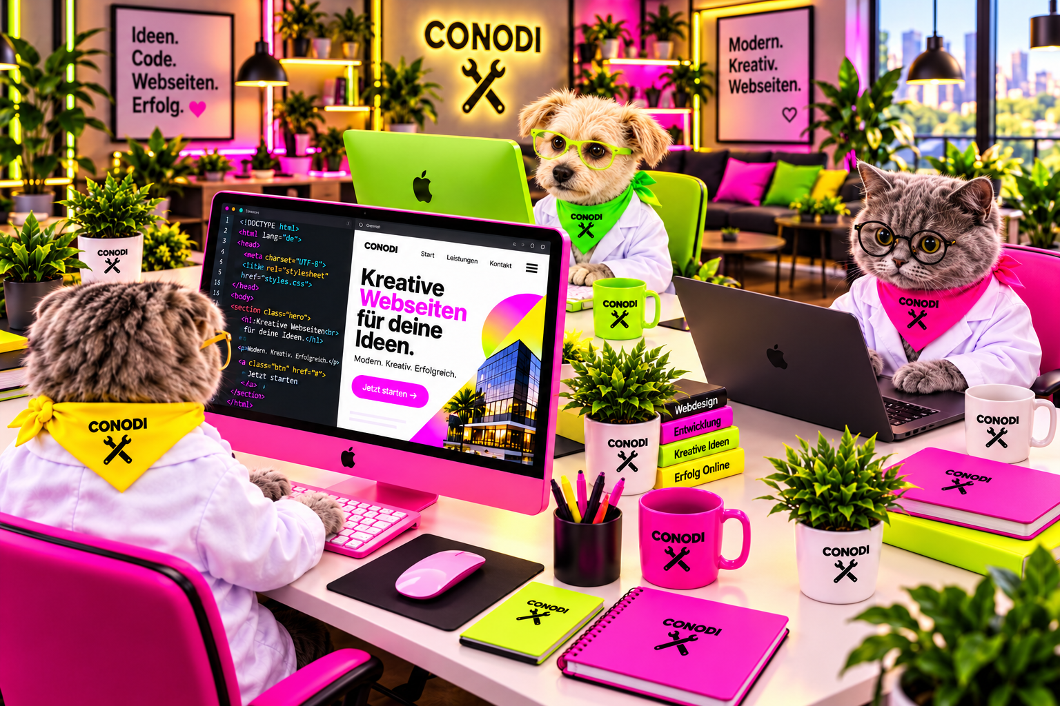 CONODI-Tierteam entwickelt Webseiten mit deutschen Inhalten an drei Arbeitsplätzen.