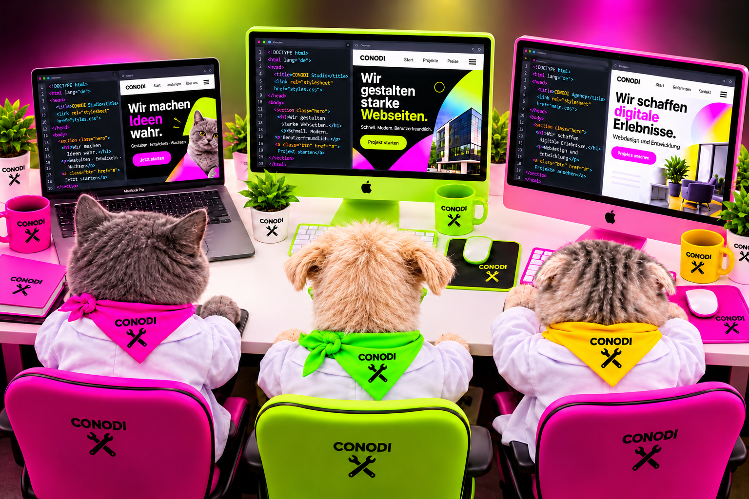 Zwei Katzen und ein rauhaariger Hund von hinten beim Programmieren von Webseiten an MacBook Pro und iMac.
