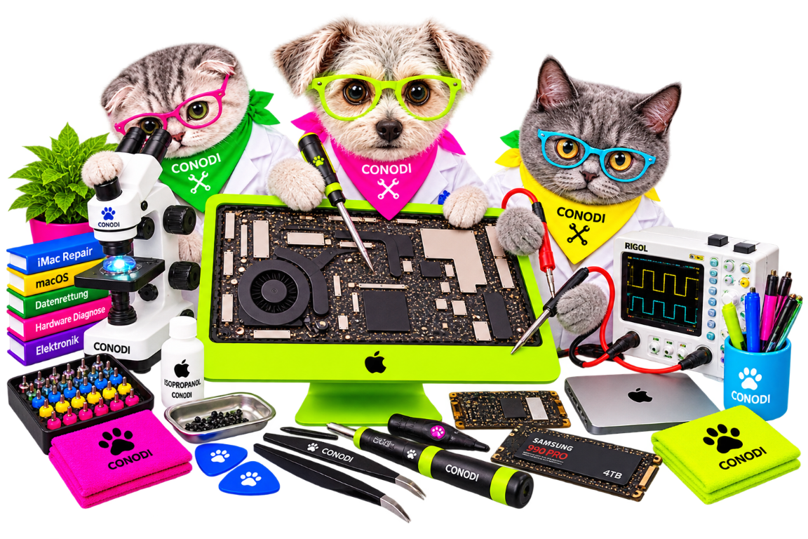 iMac-Logicboard-Reparatur mit Hundeteam Hund und Katzen prüfen ein iMac-Logicboard in der CONODI-Werkstatt.