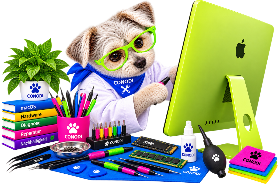 Nachhaltige iMac-Reparatur mit Hund Hund repariert einen iMac und steht für nachhaltige Reparatur statt Austausch.