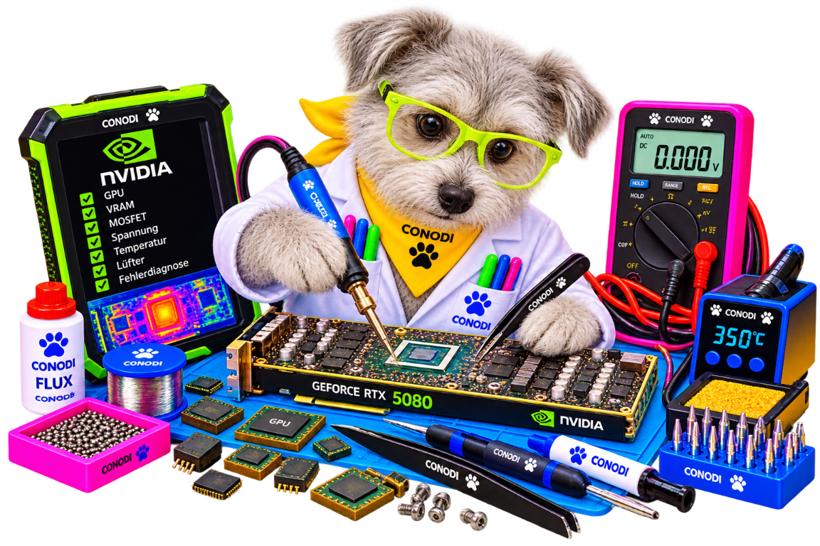 Grafikkarten Diagnose RTX 5080 – München CONODI-Hund prüft eine NVIDIA GeForce RTX 5080 Grafikkarte mit Messgerät und Diagnosewerkzeug.