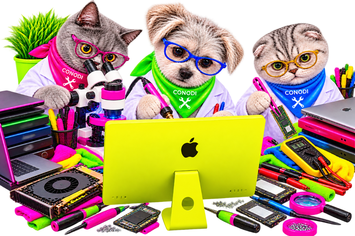 CONODI-Werkstatthund mit grüner Brille und Katzen prüfen gemeinsam einen iMac am geöffneten Gerät.