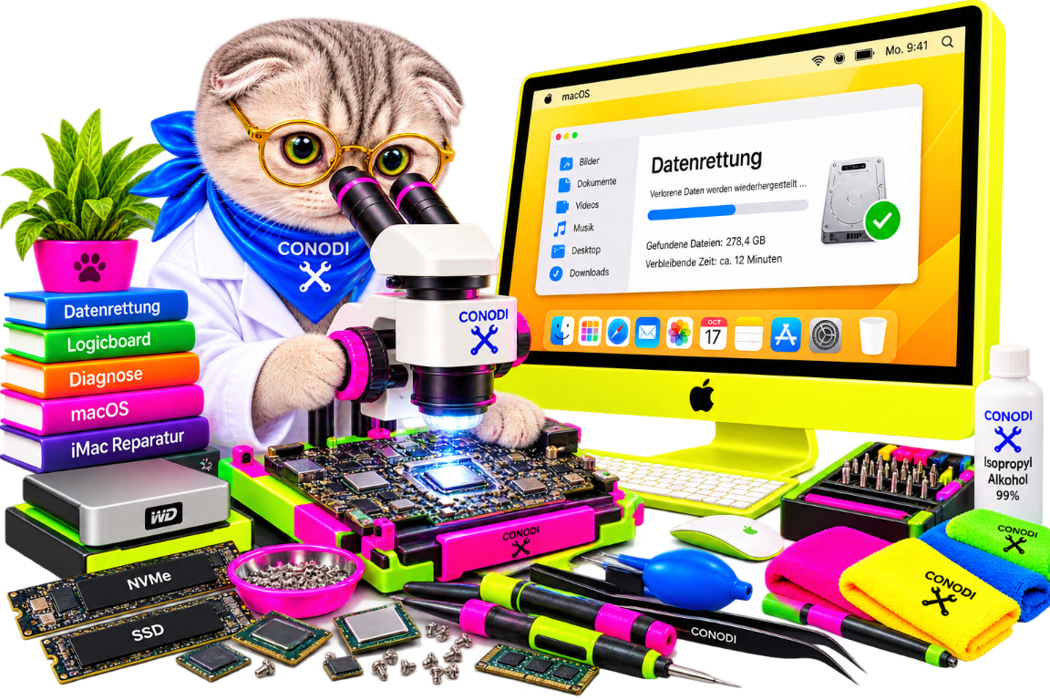 iMac Datenrettung am Logicboard – CONODI CONODI-Werkstatttier prüft ein iMac-Logicboard am Mikroskop während der Datenrettung.