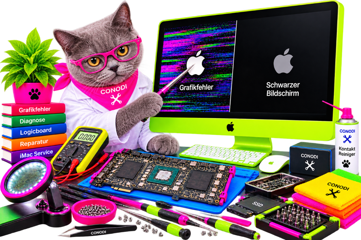 iMac Grafikfehler und schwarzer Bildschirm – CONODI CONODI-Katze mit pinker Brille untersucht Grafikfehler und schwarzen Bildschirm an einem iMac und prüft das Logicboard.