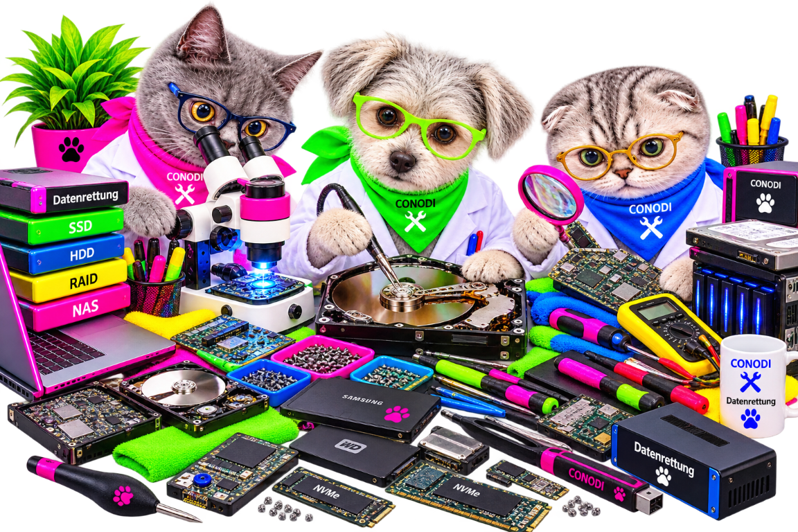 Datenrettung Festplatten München – CONODI Werkstattteam CONODI-Werkstatttiere prüfen HDD, SSD, RAID und NAS-Datenträger mit Mikroskop und Diagnosewerkzeugen.