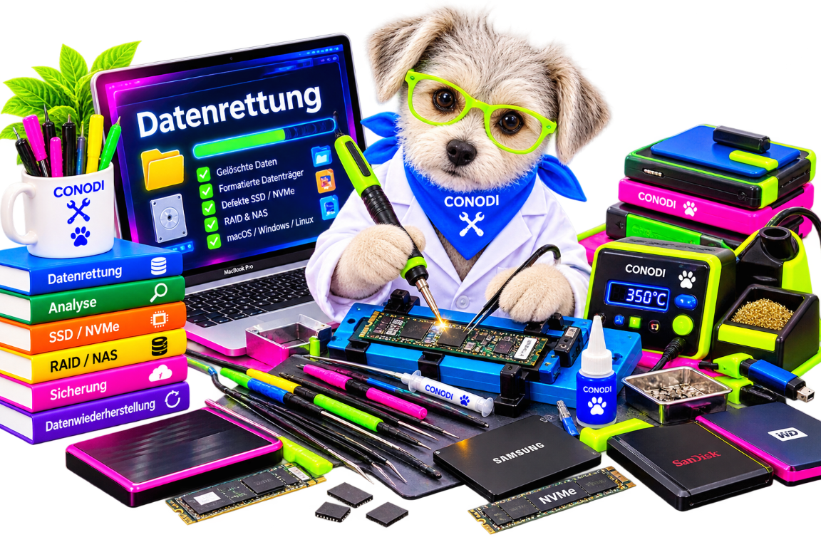 Datenrettung und Speicherdiagnose bei CONODI CONODI-Hund im Laborkittel prüft einen Datenträger mit Mikroskop und Diagnosewerkzeugen für die Datenrettung.