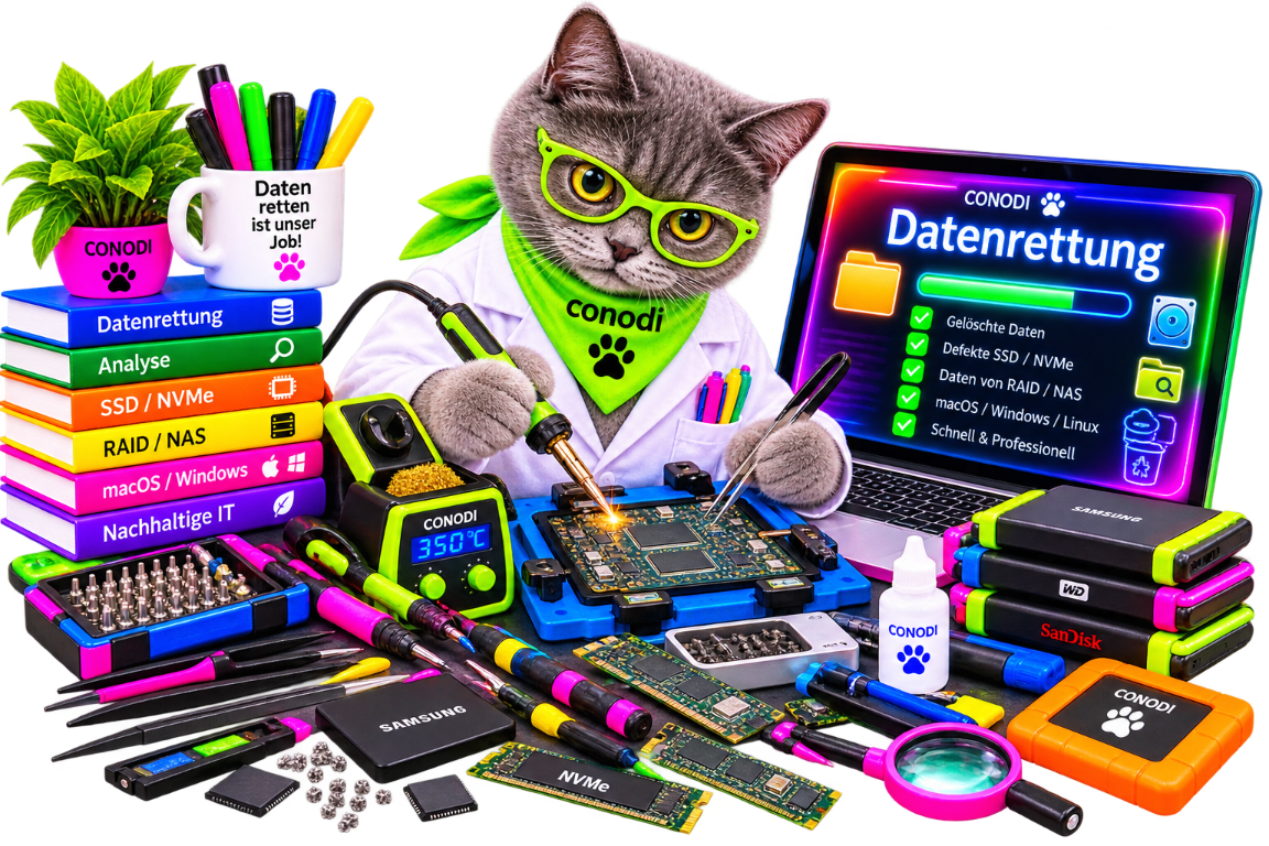 Speichermedien und Datenrettung bei CONODI CONODI-Katze im Laborkittel untersucht Speichermedien und Platinen für die Datenrettung.