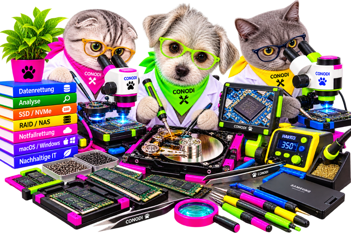 Datenverlust erkennen und Speichermedien sichern CONODI-Team aus Katze und Hunden untersucht eine Festplatte und Speicherbauteile, um Datenverlust zu erkennen und Datenrettung vorzubereiten.
