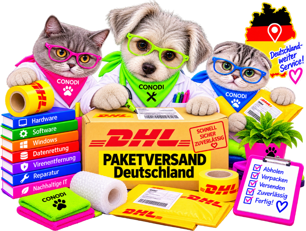 Datenrettung sicher einsenden mit CONODI CONODI-Werkstatttiere verpacken ein Gerät für den sicheren Versand zur Datenrettung innerhalb Deutschlands.