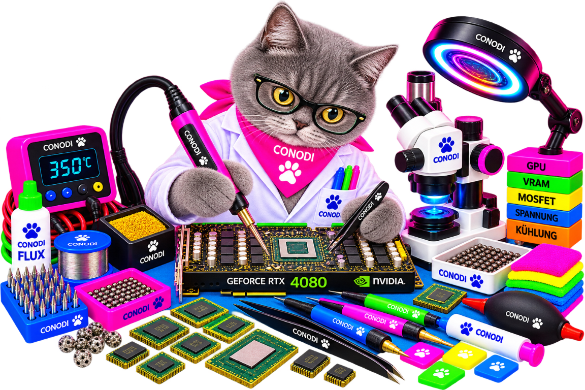 Grafikkartenreparatur mit Mikroskop und CONODI-Werkstattteam CONODI-Werkstattkatze prüft eine GeForce RTX Grafikkarte mit Mikroskop, Lötwerkzeug und Diagnosegeräten.
