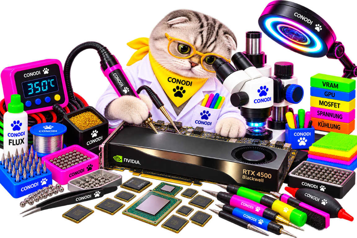NVIDIA Grafikkartenreparatur mit CONODI-Werkstattteam CONODI-Werkstattkatze untersucht eine NVIDIA RTX-Grafikkarte mit Mikroskop und Diagnosewerkzeugen.