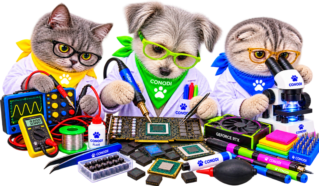 Grafikkarten Reparatur München Hauptbild – drei Werkstatttiere Drei CONODI-Werkstatttiere prüfen eine NVIDIA GeForce Grafikkarte mit Oszilloskop, Messgerät, Lötkolben und Mikroskop.