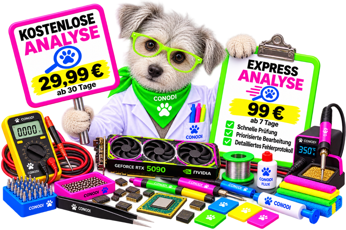 Grafikkarten Analyse und Expressanalyse – Hauptbild München CONODI-Hund präsentiert die Grafikkarten-Analyse für 29,99 € und Expressanalyse für 99 € mit einer NVIDIA GeForce RTX 5090.